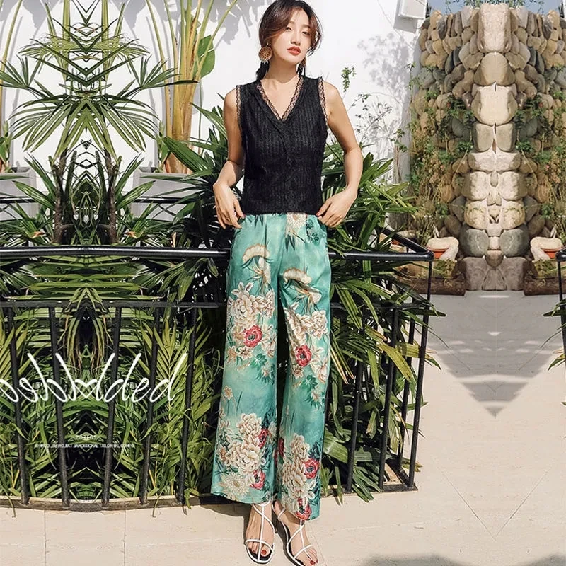 Satin Silk Print Boho Casual Ankle-Length Pants Women\'s High Waist Wide Leg Pantalones Summer Korean Straight Baggy Trousers