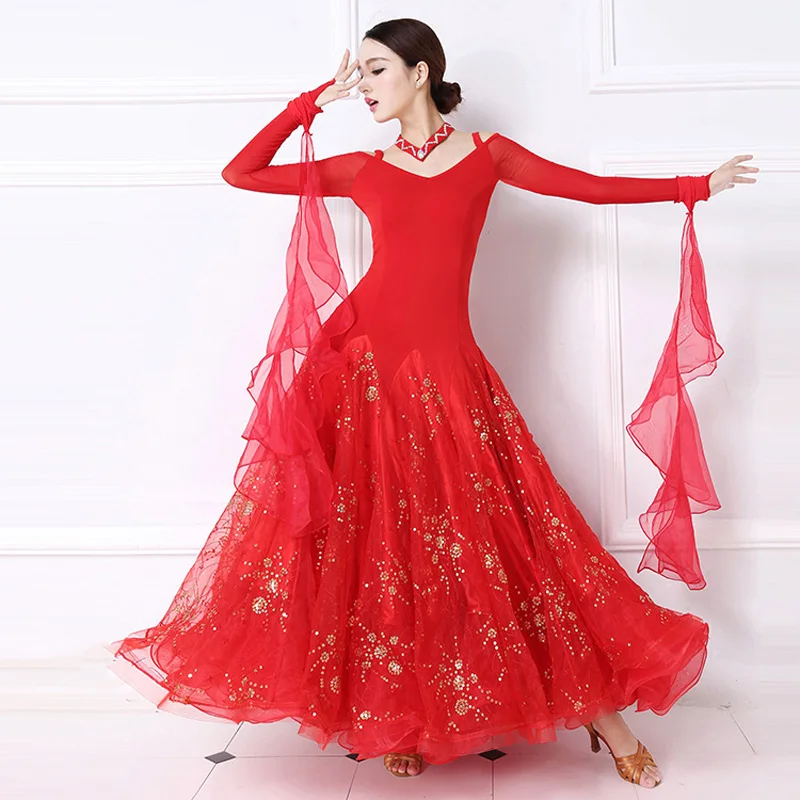 Standard Ballroom Dance Dress Women Tango Flamenco Waltz Dancing Skirt Lady's Long Sleeve Red Ballroom Competition Dresses