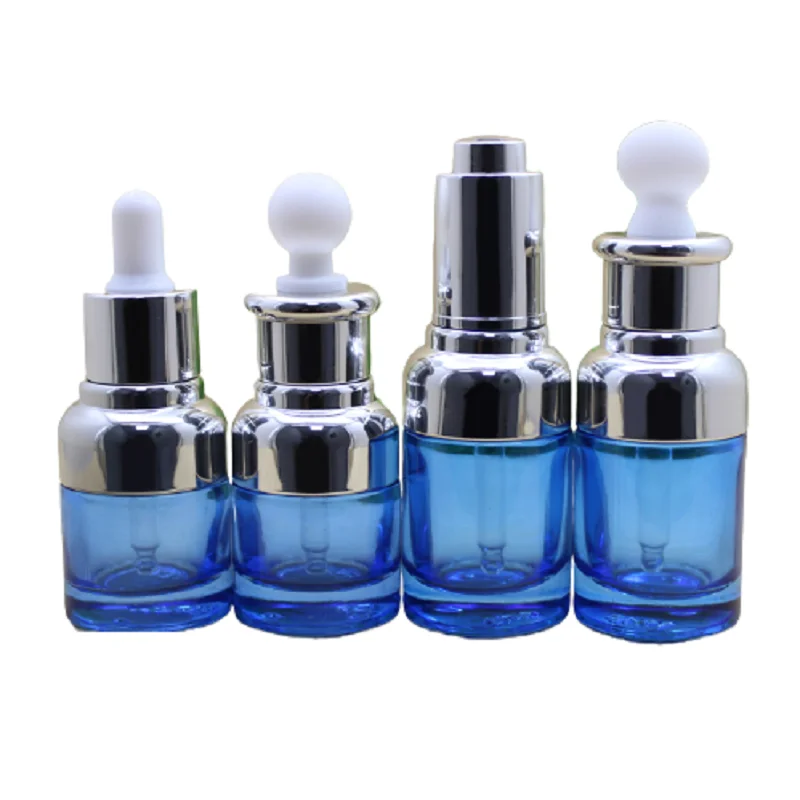 

15pcs 20ML 30ML Empty Blue Glass Bottle Silver Ring White Plastic Head Cosmetic Packaging Essential Oil Dropper Refillable Vials