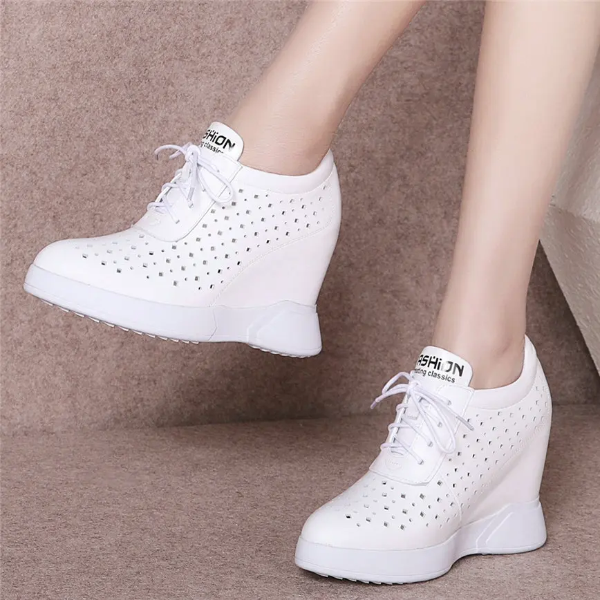 

2025 Casual Shoes Women Genuine Leather Wedges High Heel Vulcanized Shoes Female Lace Up Breathable Pumps Shoes Fashion Sneakers