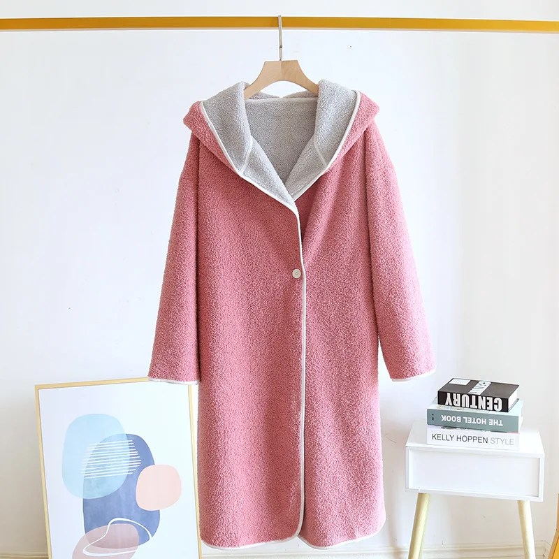 Fdfklak Soft Lamb Wool Thick Warm 2021 Winter New Hooded Mid-Length Bathrobe Single Button Design Dressing Gown Robes