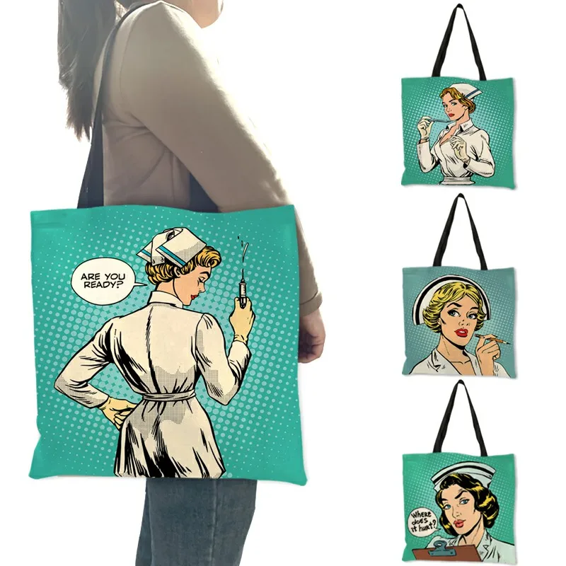 

Unique Pattern Shoulder Bag Bolso Mujer Nurse Image Painting Eco Linen Practical Handbag for Daily Use Work Travel Ladies Girls