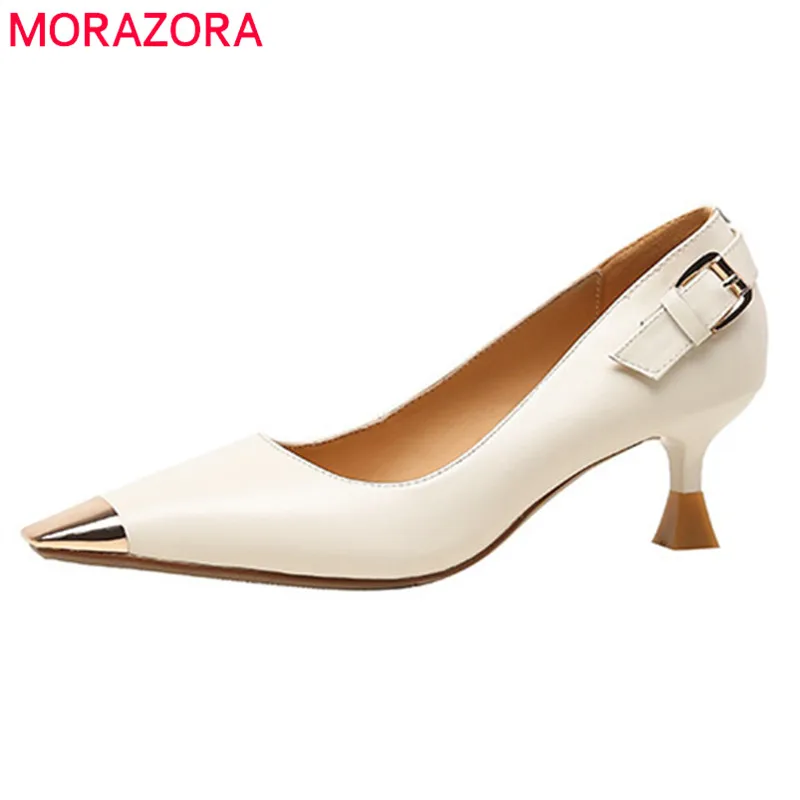 MORAZORA 2024 New Arrive Pumps Women Genuine Leather Shoes Metal Square Toe Slip On Thin High Heels Party Dress Shoes Ladies