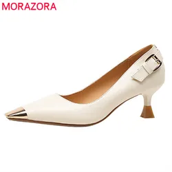 MORAZORA 2024 New Arrive Pumps Women Genuine Leather Shoes Metal Square Toe Slip On Thin High Heels Party Dress Shoes Ladies