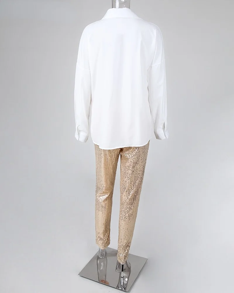 Sequin Long Sleeve Shirt & Glitter Shiny Pant Sets Women 2021 autumn new fashion suit