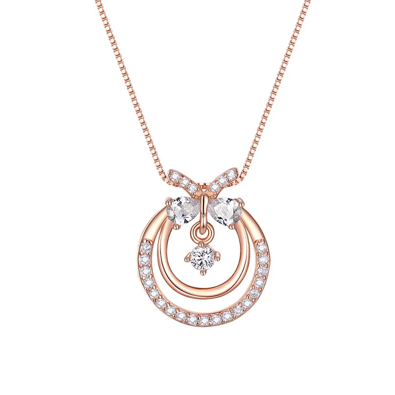 

Bow Circle Necklace Female Summer S925 Silver Rose Gold Diamond Set Collarbone Chain Korean Simple Temperament Pendant