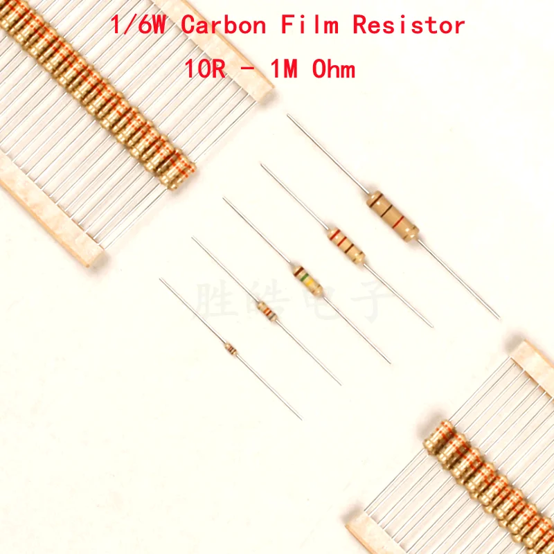 100PCS 1/6W Carbon Film Resistor 10R - 1M Ohm DIP Color Ring Resistance 22R 47R 100R 220R 470R1K 4.7K 51K 100K 220K 470K 680K 1M