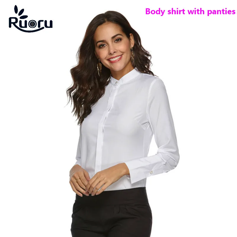 

Ruoru Elegant Bodysuits for Women Office Lady Work White Body Shirt Long Sleeved Bodycon Fashion Tops and Blouses Female Clothes