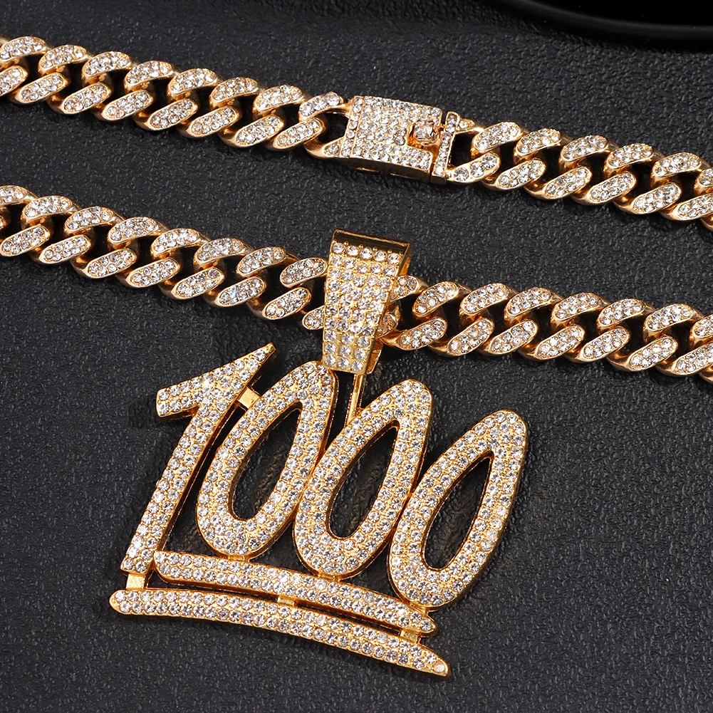 Iced Out Bling Rhinestone 1000 Number Pendant Necklace for Men Women with 13mm Crystal Miami Cuban Chain HipHop Necklace Jewelry