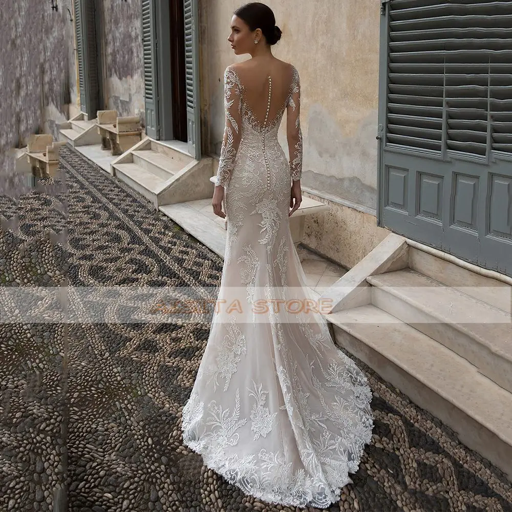 Vestido de novia de sirena Vintage, apliques de encaje con cuello en V, Mangas de ilusión, tren de barrido de botones, vestidos de novia, Ves