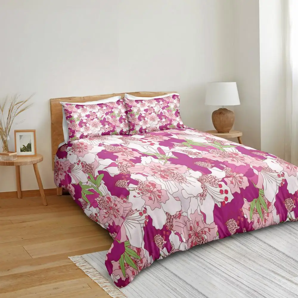 

Colorful Flowers Duvet Cover with Pillowcases Pink Bedding Set for Girls Floral Home Textile Elegant Beautiful Bed Set