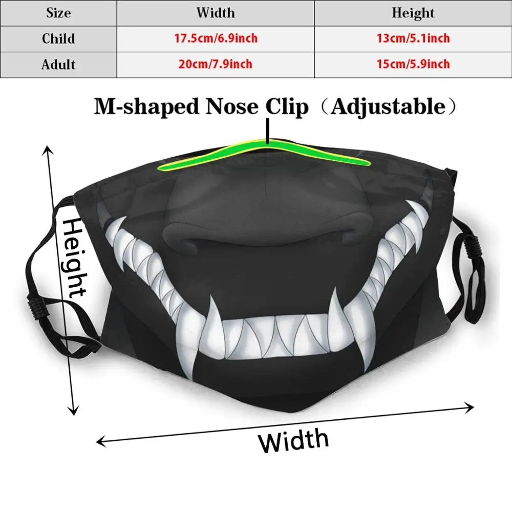 Kumori Funny Print Reusable Pm2.471 Filter Face Mask Dragon Teeth Furry Animal Black Maw Sharp Teeth Shark