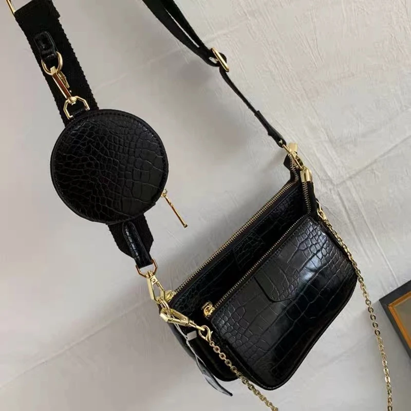 Alligator print women shoulder bag luxury designer wide strap Crossbody bag chain Sling bag pu leather ladies 3 bag set handbag