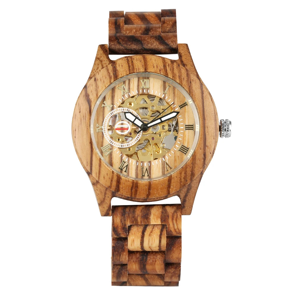 Automatic Mechanical Wooden Watch for Women Luminous Function Roman Numerals Dial Wooden Wristwatch for Men