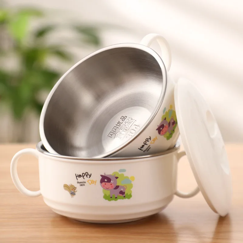 Baby Bowl Tableware Learning Cartoon with Cover Baby Stainless Steel Heat Resistant Insulation Bowl Complementary Food