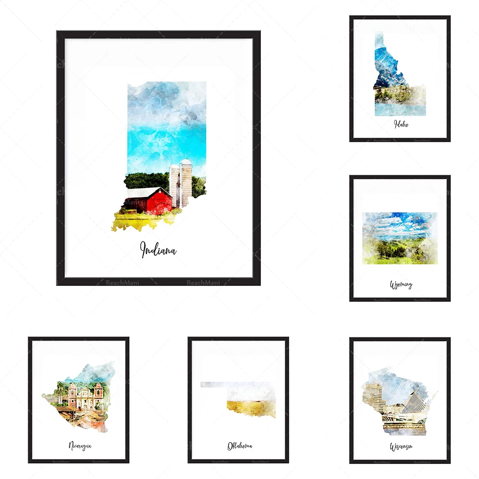 Carte aquarelle print-state, carte du pays, carte, voyage, impression, affiche murale art décoration grand mur art