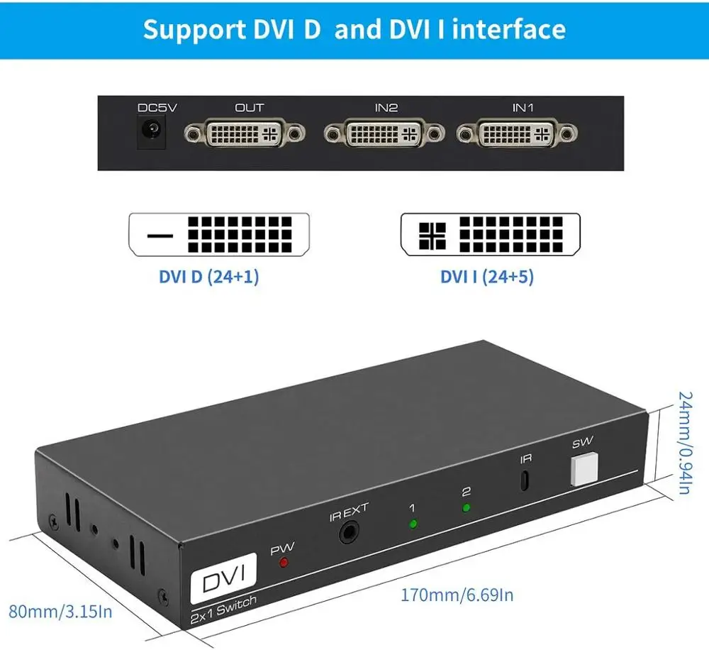 4K DVI 2 포트 DVI 스위처 2x1, IR 원격 제어 DVI 스위치 2 인 1 출력 지원 4096x2160 @ 30Hz PC 노트북용 DVI 선택기