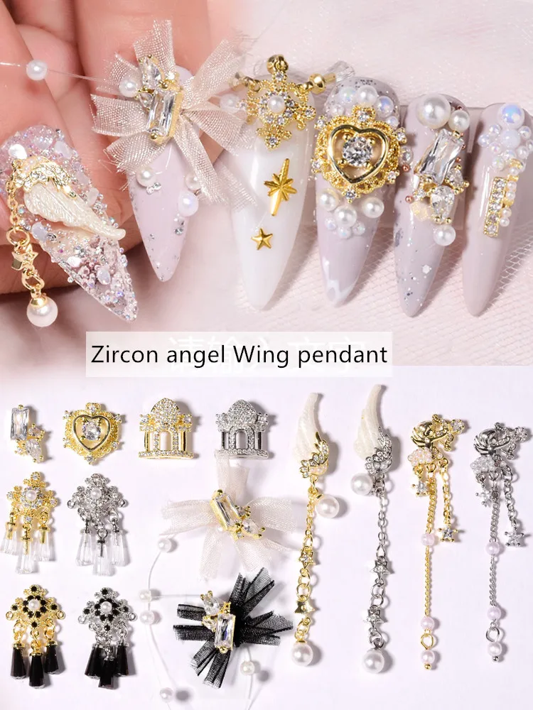 Latest 10 pieces alloy Zircon Nail art decoration luxury zircon rhinestone tassel / heart / wing nail jewelry high end long nail