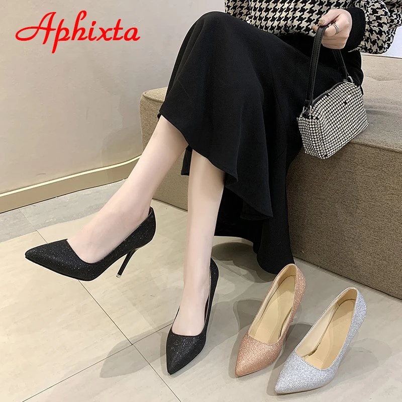 Aphixta Bling 10cm Thin Heels Pointed Toe Pumps Women Sequined Leather Shoes Dress Casual Wedding Party Super Plus Size 50