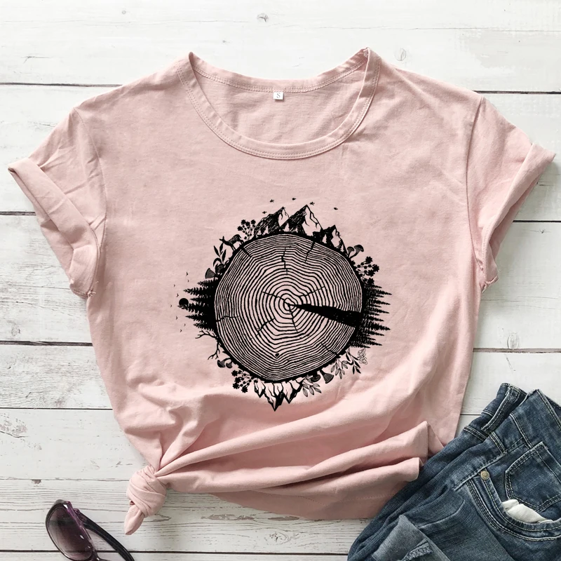 Hiking Tree Ring 100% Cotton T-shirt Aesthetic Hippie Wanderlust Top Tee Shirt Casual Women Short Sleeve Forest Mountains Tshirt