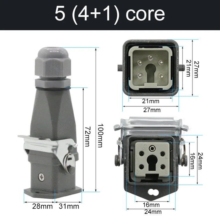 HDC-HA Rechthoekige Heavy Duty Connector 10A 16A 4 5 6 8-pins kern Luchtvaart Waterdichte industriële stopcontact