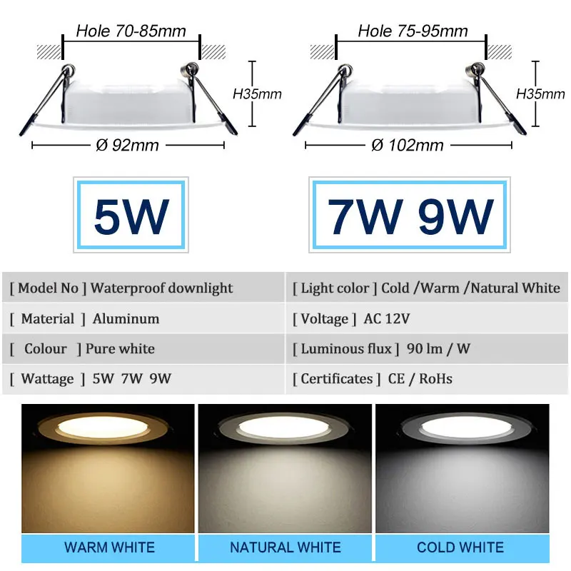 LED Downlight 12V Super Bright Recessed LED Light Dimmable 5W 7W 9W LED Spot light LED decoration Ceiling Lamp AC/DC 12V