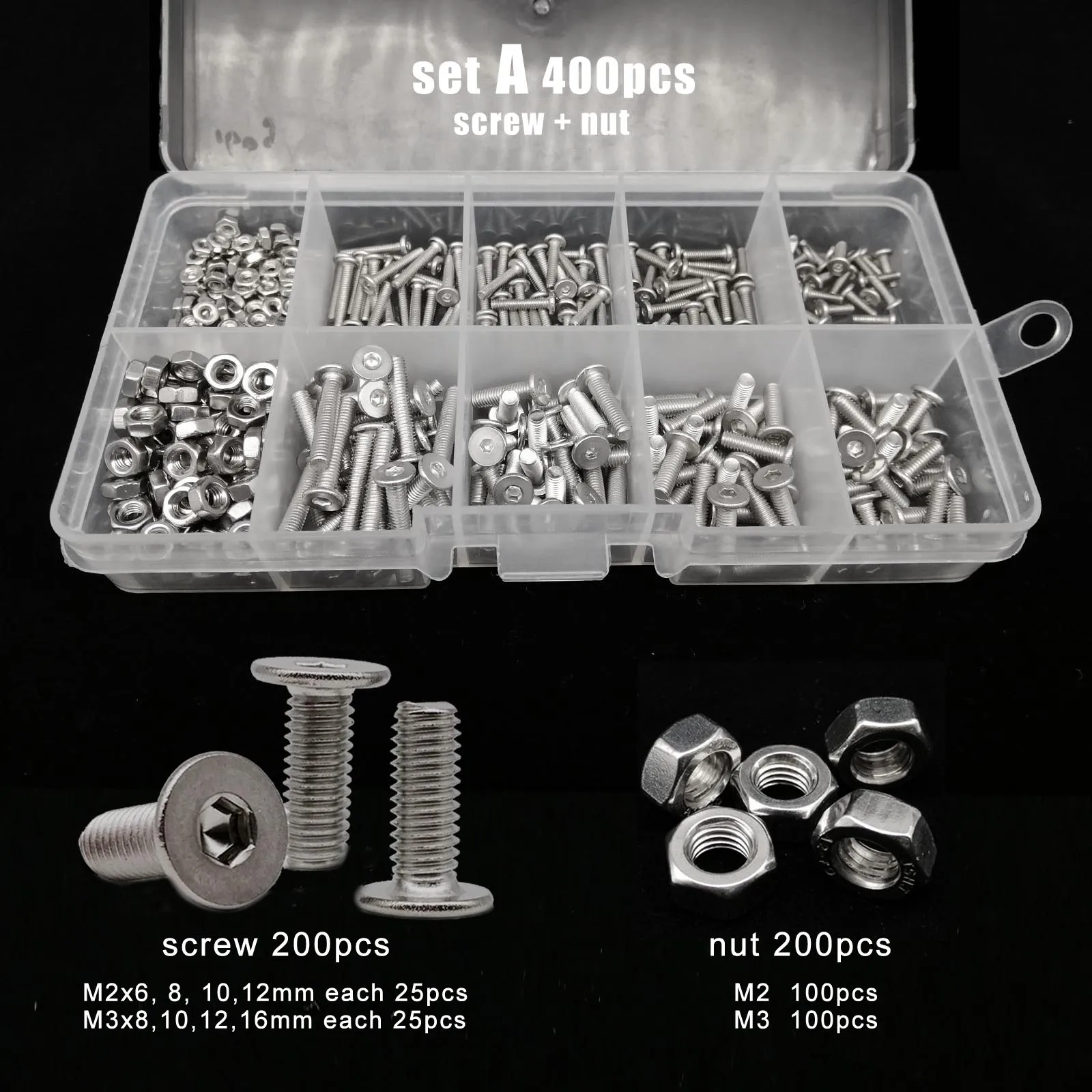 400/650/1140/2100pc M1.6 M2 M2.5 M3 M4 M5 304 Stainless Steel Hexagon Hex Socket Ultra Thin Flat Head Screw Bolt Nut Set Kit Box