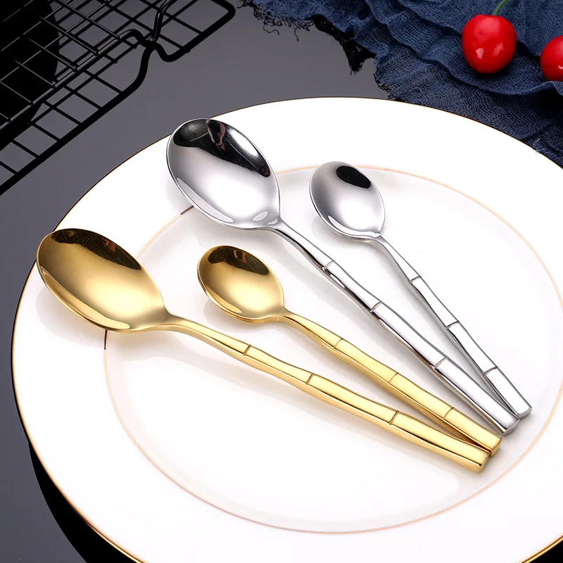 Gold Cutlery Set Stainless Steel Steak Knife Fork Spoon Tableware Bamboo Design Luxury Cutlery Dinner Sets 24pcs