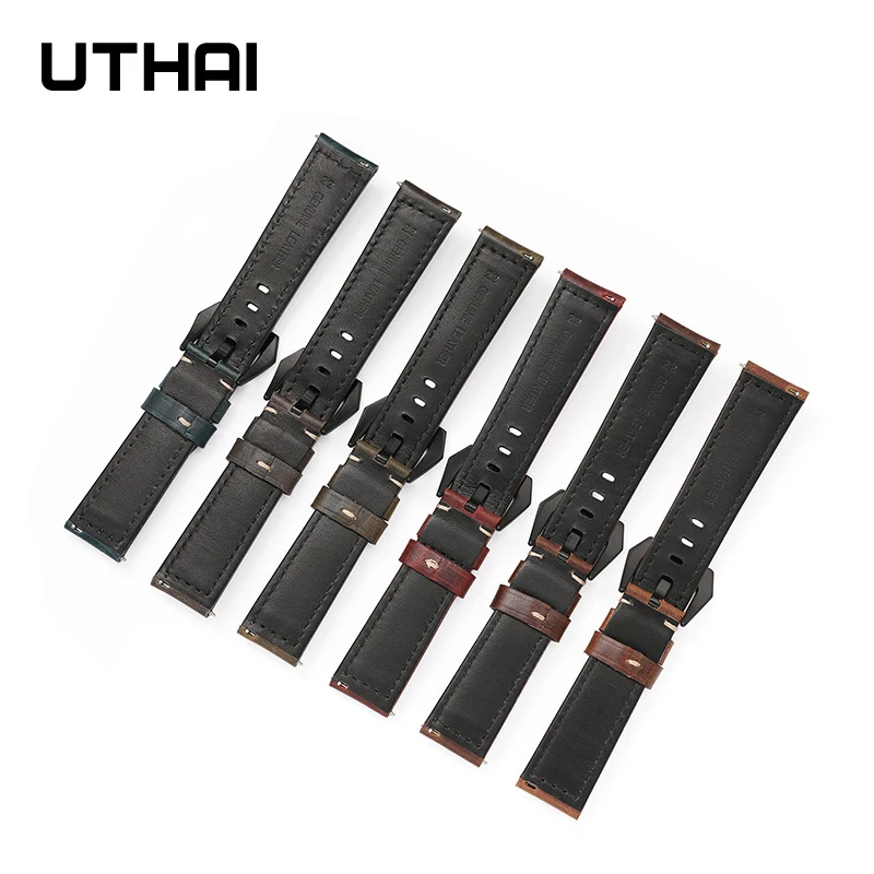 UTHAI Z51 Genuine Leather Strap Buckle 18/20/22/24/26mm Oil Wax Vintage Watchbands Switch Ears Black Dark Brown Bracelet + Tool