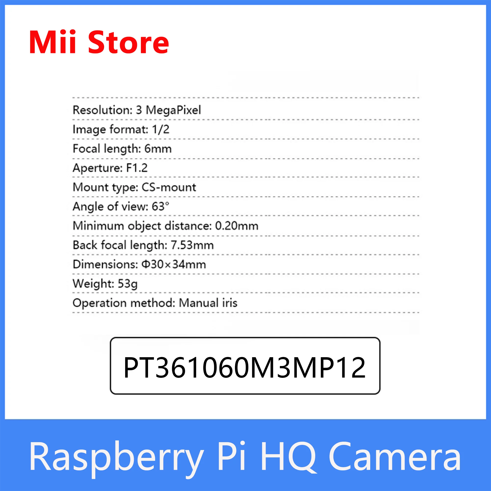 라즈베리 파이 HQ 카메라, 공식 제품, 6mm 광각 렌즈, 3MP 고해상도, 소니 IMX477 센서 및 4b/3b + 용 6mm 렌즈