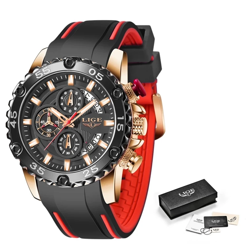 Watches Mens LIGE Top Brand Waterproof Clock Male Silicone Strap Sport Quartz Watch For Men Big Dial Chronograph Wristwatch 2023