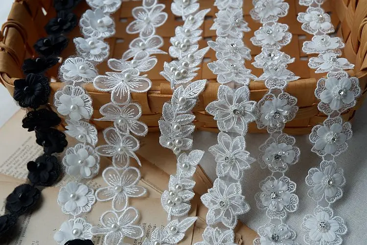 7CM Wide Luxury beads cotton White Embroidery Lace Fabric DIY applique collar trim ribbon Sewing  wedding dress