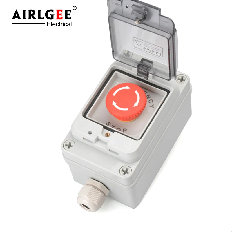 130 * 80 * 70mm IP67 waterproof mushroom type emergency stop button switch with transparent protective window cover control box