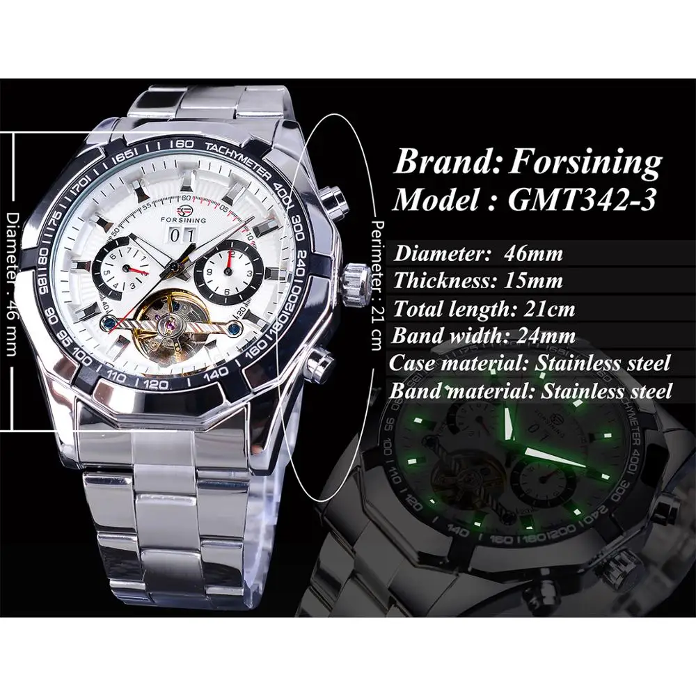 Forsining Fashion Machanical Watches Automatic Male Clock Stainless Steel 2 Dial Tourbillon Week Date Casual Mens Wrist Watch