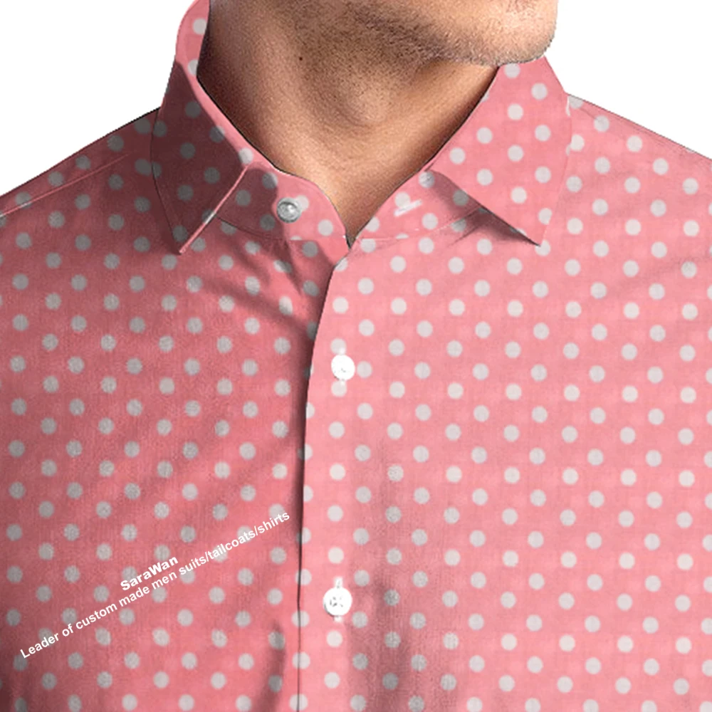 Design Pink Polka Dot Dress Shirt Custom Made 100% Cotton Polka Dot Men Dres Shirt Tailored Mens Dress Shirts Dotted Mens Shirt