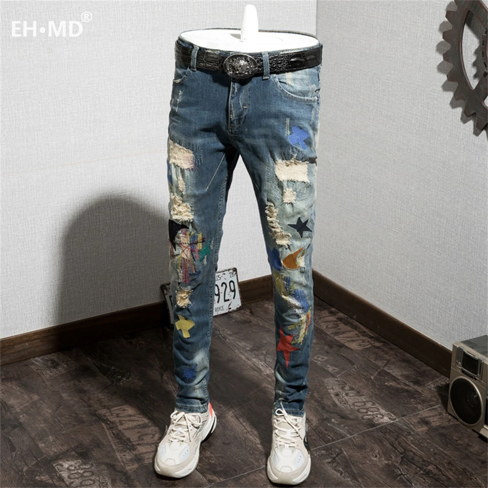 EH · MD® Ripped Printed Letter Jeans Men's Embroidery Splashing Ink Soft Casual Loose Cotton Elastic Trousers Scratched Red Ears