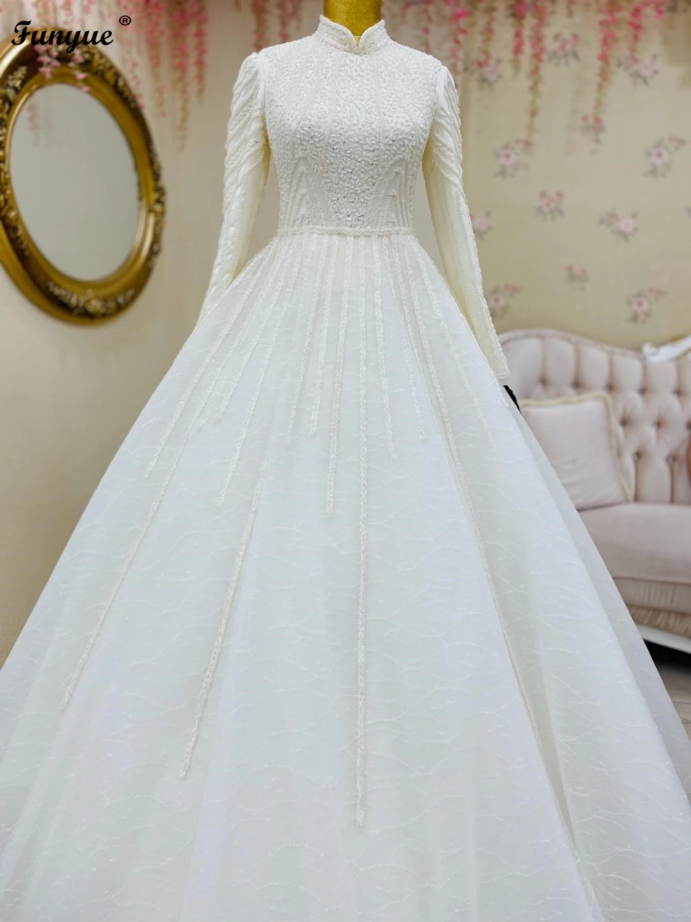 Robe de Mariée Musulmane de Luxe, Manches sulf, Col Haut, Perles Faites à la Main, Tulle Blanc, Patients, Robe de Bal avec Voiles