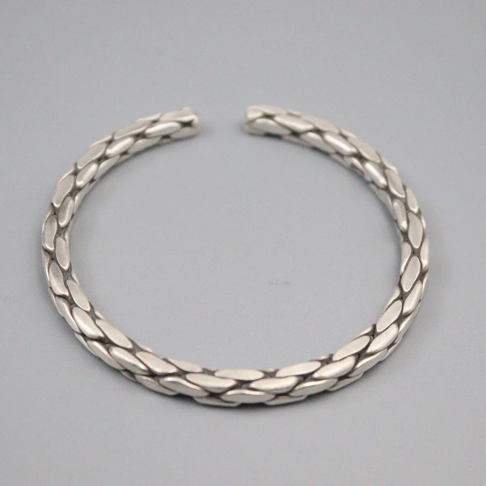 

Fine Pure S999 Sterling Silver Bangle Women 4mmW Weave Figure Bracelet 55-58mm 31-32g