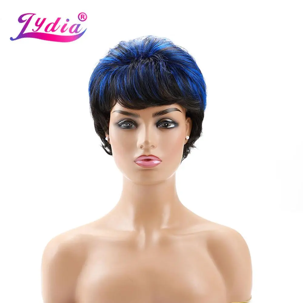 Lydia Synthetic Wigs Mix Color FT2/Blue Short  Wave For African American Wig Free Bang Kanekalon Heat Resistant Hair 4Inch