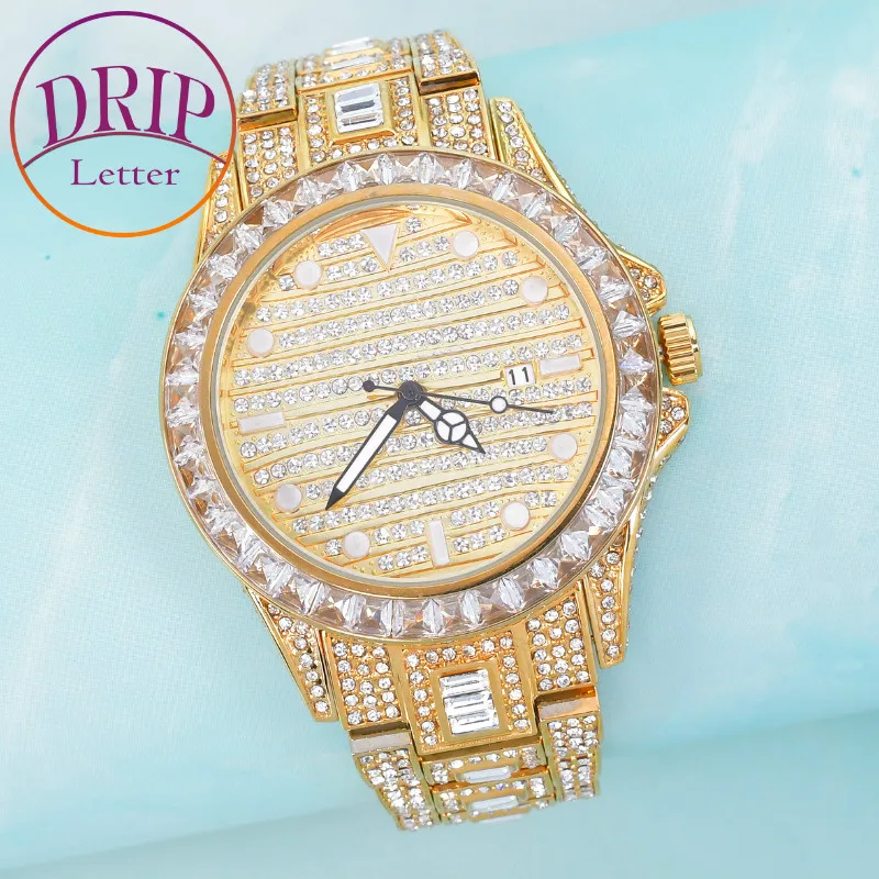 Drip Letter Big Golden Color Watch for Men Luxury Rhinestone Business Waterproof Clock Hip Hop Fashion Jewelry 2021 Trend