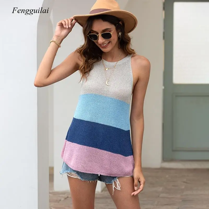 2021 Summer New Beach Casual Knitted Blouse Women's Sexy Neck Color Matching Striped Vest Top