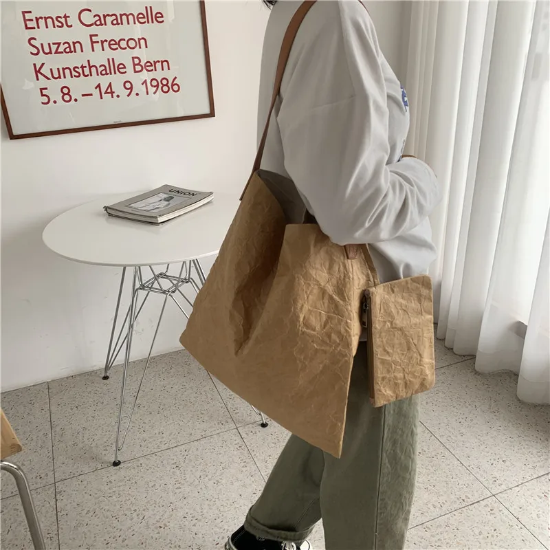 Ladies Kraft Paper Bucket Bag Female 2 Piece Set Handbag Women Simple Design Shoulder Bag Girls Eco Books Bag and Casual Totes