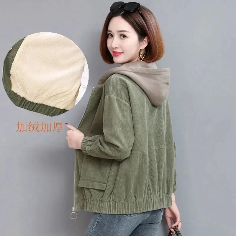 Vintage Corduroy Short Jacket Women Autumn 2022 New Korean Fashion Casual Stitching Hooded Short Jackets With Lining Velvet Coa