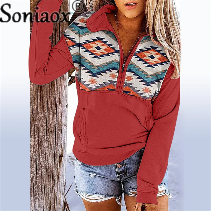 2022 Spring Autumn New Women Geometry Printed Ethnic Sweatshirt V-Neck Zipper Patchwork Hoodie Casual Loose Female Tops Pullover