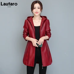 Lautaro Autumn Black Wine Red Waterproof Faux Leather Jackets for Women with Hood Zipper Designer Elegant Luxury Coats Slim Fit