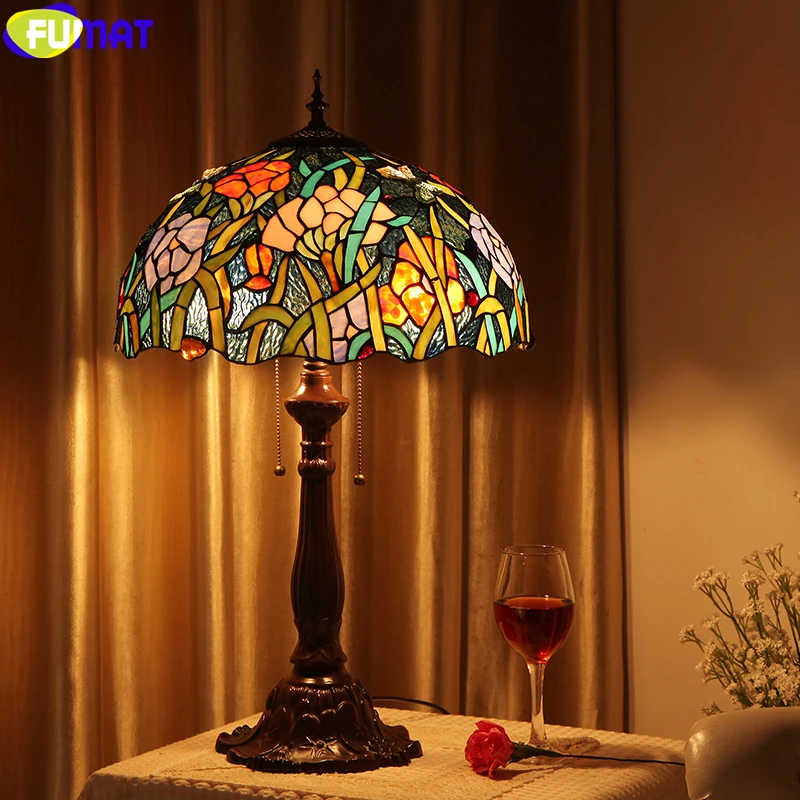 

FUMAT Tiffany Style Desk Lamps Rose Bunch Orchid Flower Stained Glass Handcraft Art Decor Antique Table Lights 16 Inch Lighting