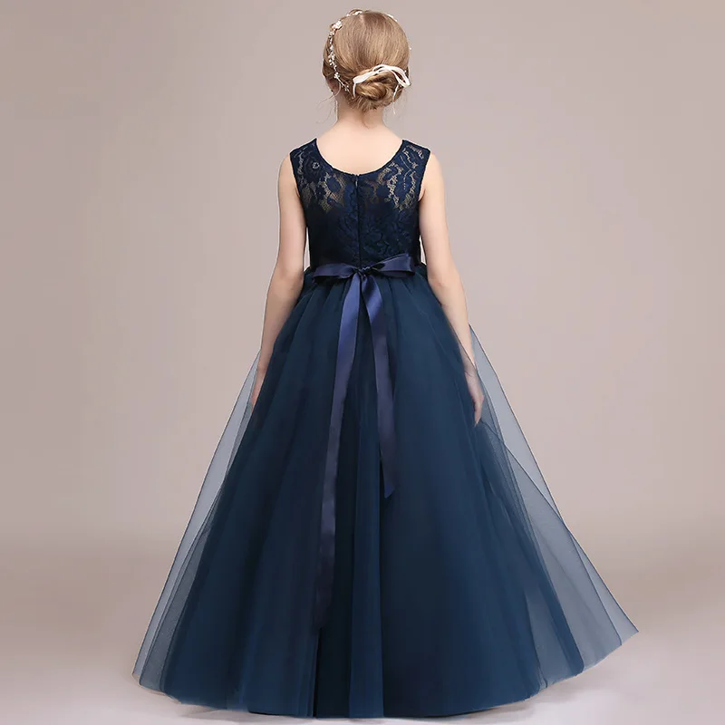 Navy Navy gaun biru renda Tulle anak perempuan, gaun ulang tahun Formal bunga tanpa lengan untuk anak perempuan