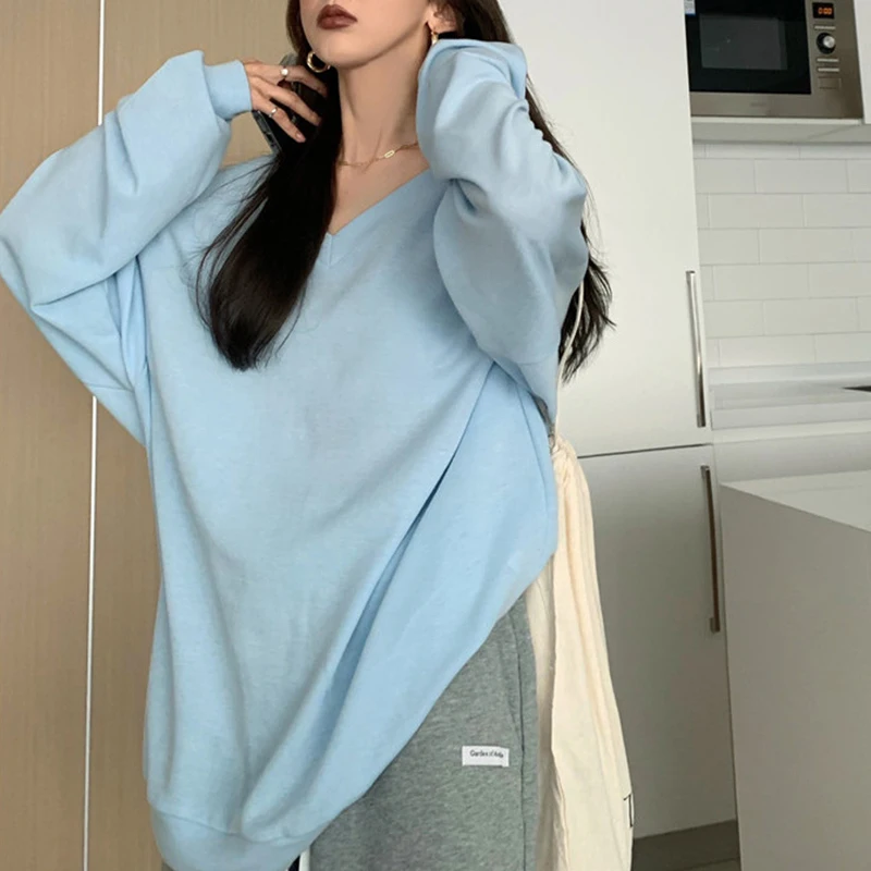 Women Base Top Oversize Long-Sleeve T-Shirt 2024 Autumn Clothes Casual Loose Blouse Ladies Thin V-Neck Long Tops Female Clothing