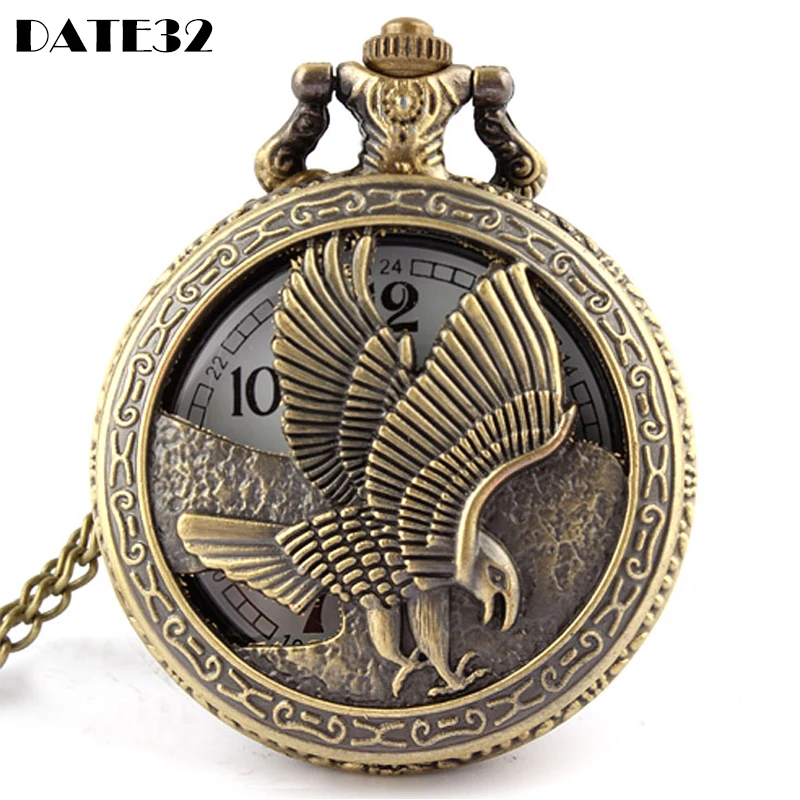 Antique Eagle Bird kieszonkowy zegarek kwarcowy mężczyźni kobiety naszyjnik dla dzieci grawerowany wisiorek na łańcuszku Fob Steampunk wisiorek zegar hurtownia