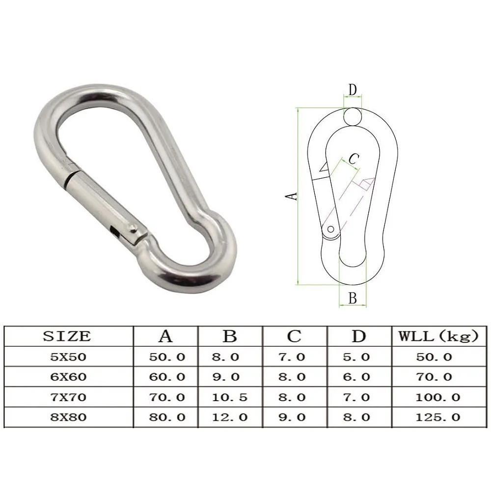 1 pçs mosquetão de prata gancho marinho aço inoxidável 50mm 60mm 70mm 80mm comprimento grande resistente inoxidável mosquetão